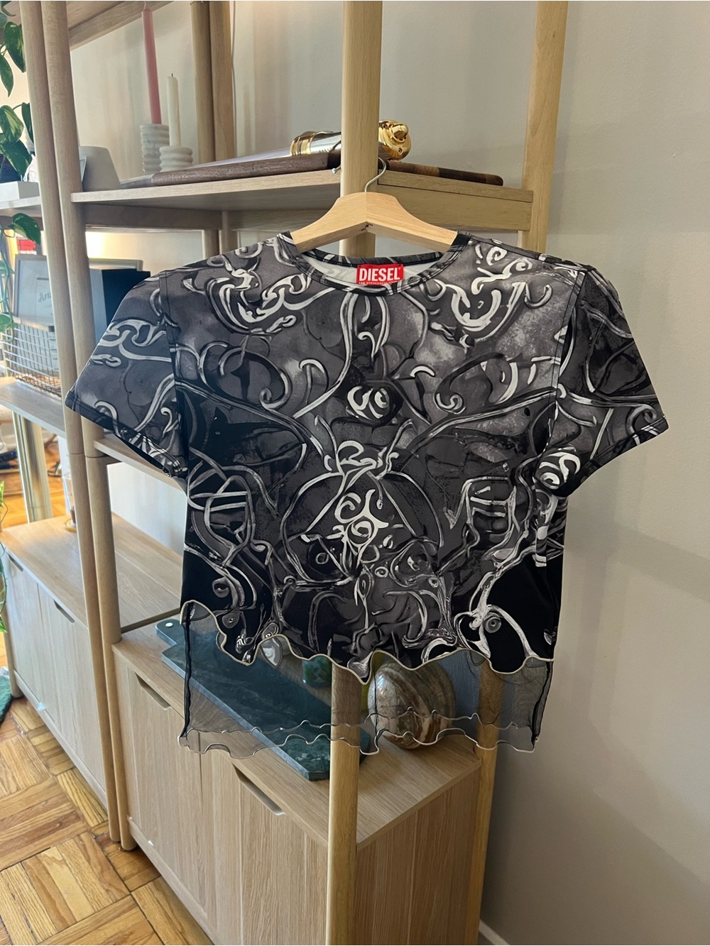 Diesel Black & Gray Abstract Mesh Crop Tee
